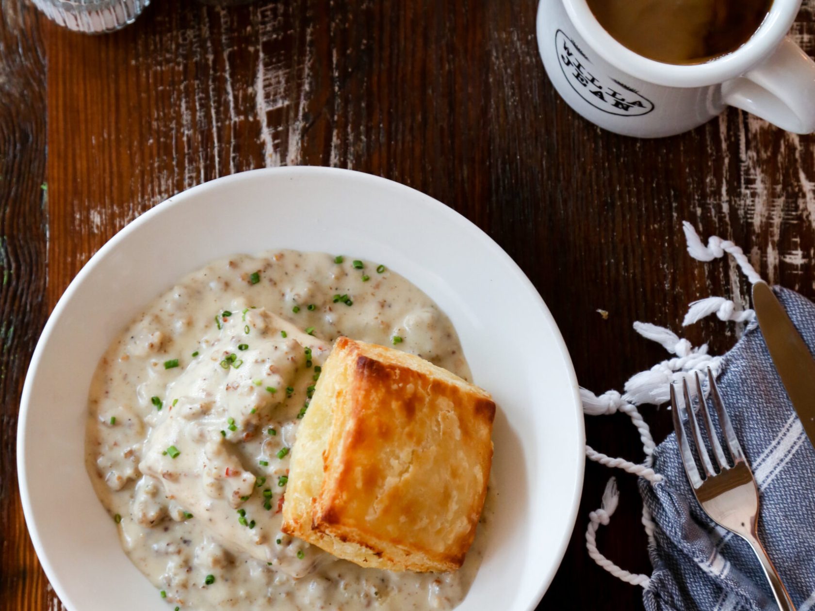 a plate of food and a cup of coffee